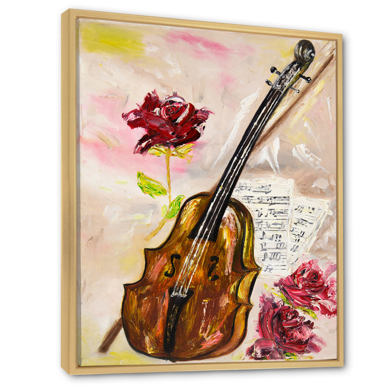 Violon et roses - sur, H 32 po x l 16 po x P 1 po, Toile avec cadre flottant beige