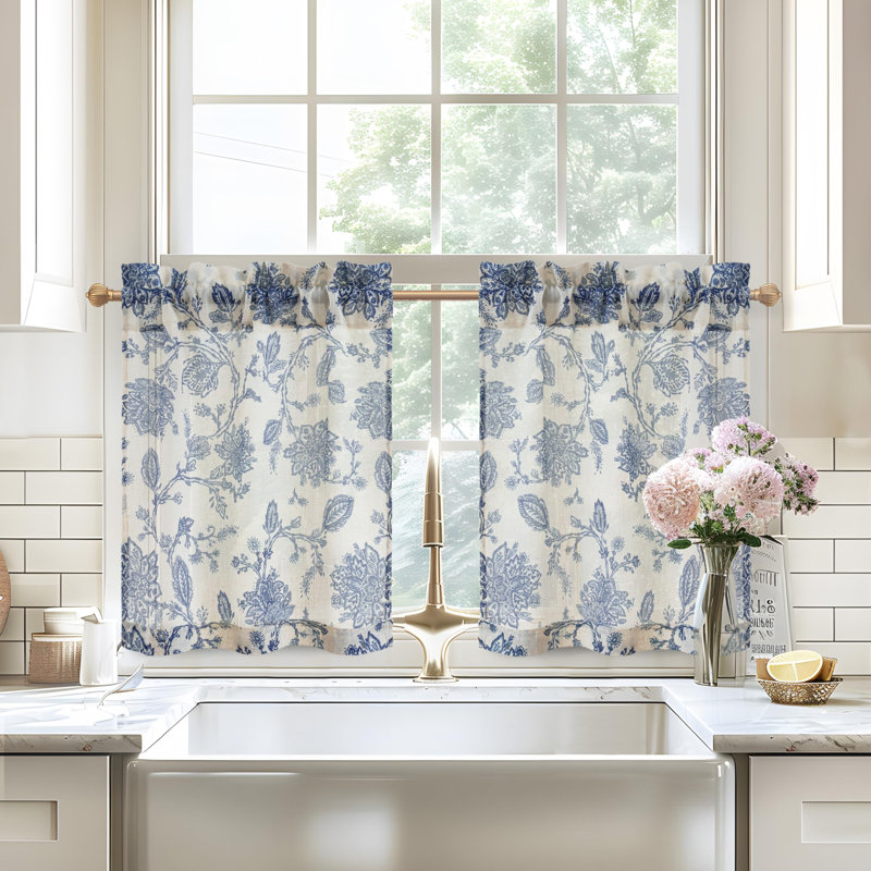 Kitchen Curtain Floral Tier Linen Short Pinstripe Cafe for Living Room Bathroom Julia Farmhouse Rustic Curtains Rod Pocket 2 Panels