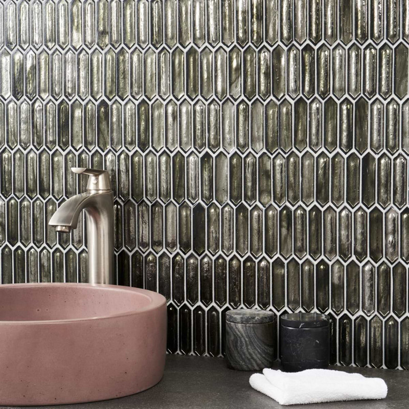 Komorebi 1X3 Picket Polished Glass Mosaic Tile, Rainforest Dew Gray