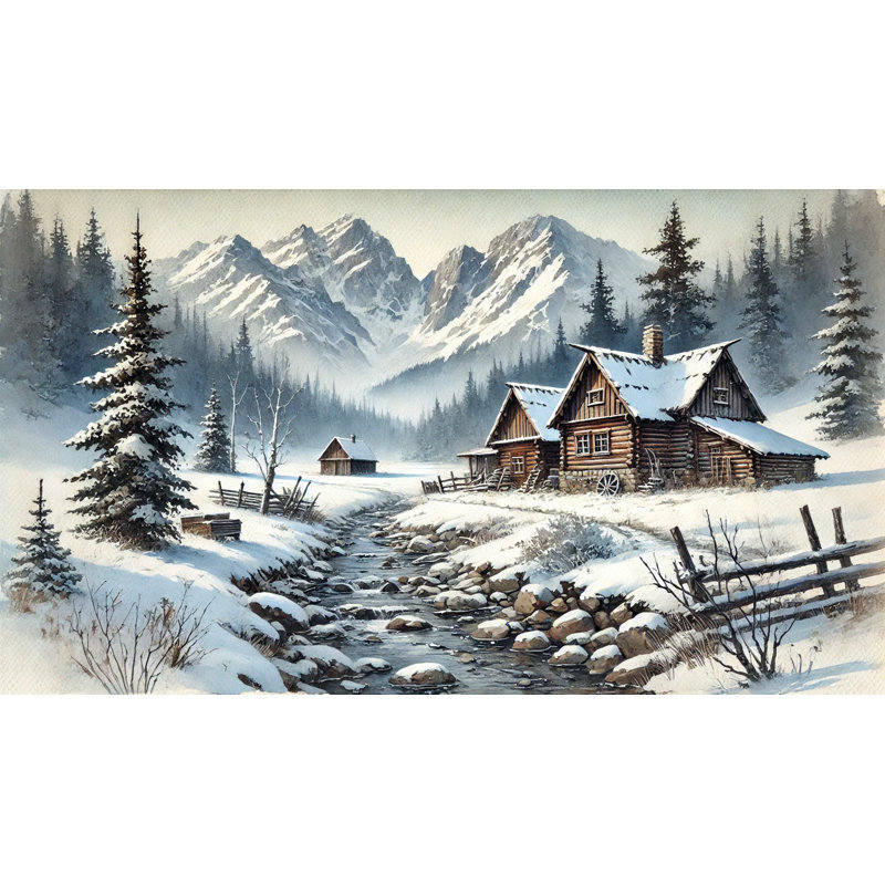 «Snowy Mountain Retreat: Rustic Cabin Winter Landscape», reproduction d'art sur toile tendue, H 24 po x l 42 po