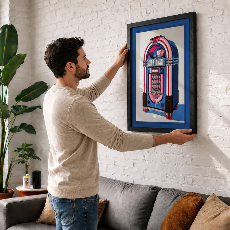 Jukebox Retro - Framed Print, A4 - 29.7 x 21.0 cm, Black