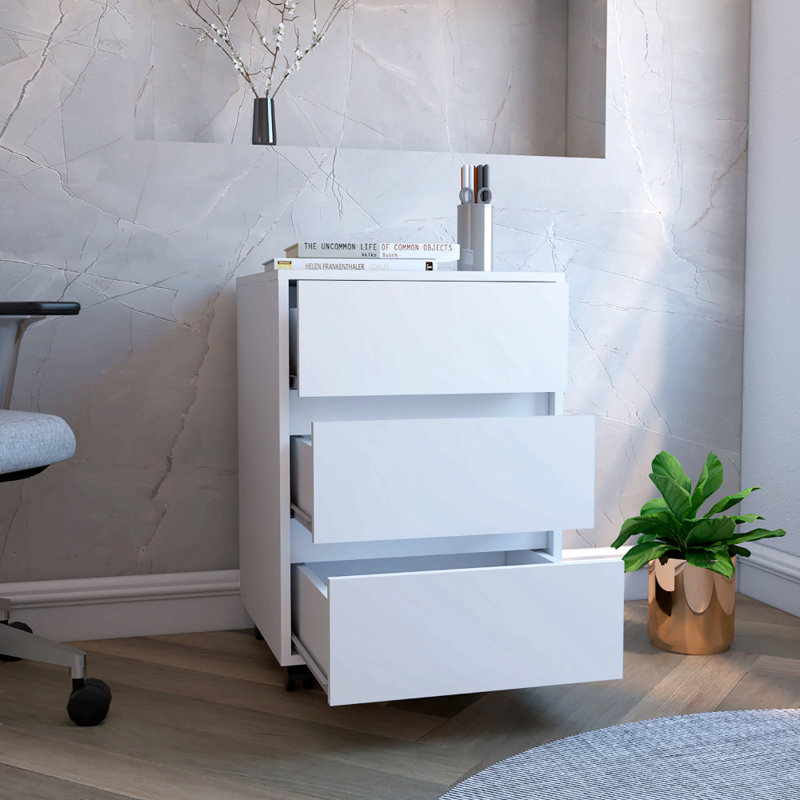 Filing Cabinet, Four Casters, Three Drawers, Top Surface, White