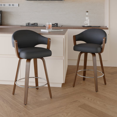 26"  Modern Upholstered Swivel Leather Counter Stools With Curved Seat And Back