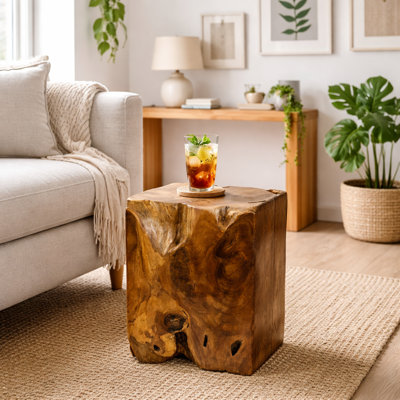 Natural Solid Wood Accent Stool Natural Teak Rustic Side Stool Handcrafted Coffee Stool For Home