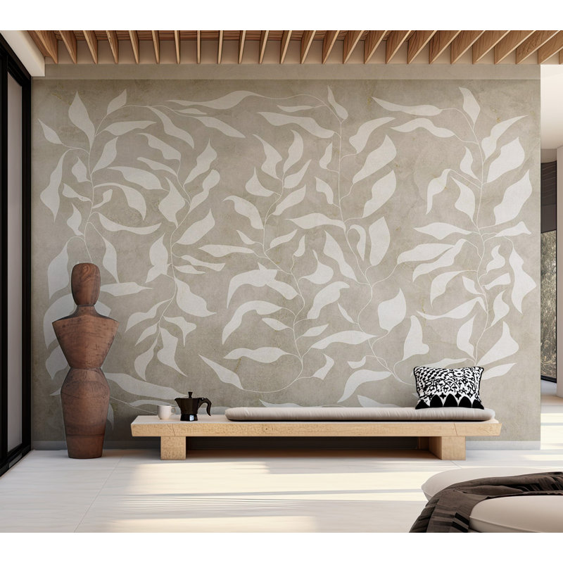 Murale abstraite pelez et collez - feuilles blanches sur fond beige, L 55 po x l 77 po