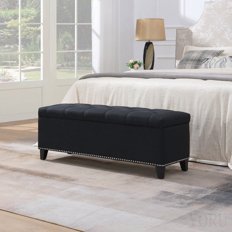 Pouf de rangement de 120 cm, banc de rangement avec charnières de sécurité, pouf capitonné en lin pour salon, entrée, couloir, repose-pieds, supporte jusqu'à 227 kg - Noir
