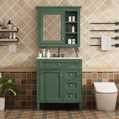 Ensemble de meuble-lavabo autoportant moderne avec armoire à miroir, 2 tiroirs et un tiroir basculant, idéal pour le rangement de salle de bain organisé