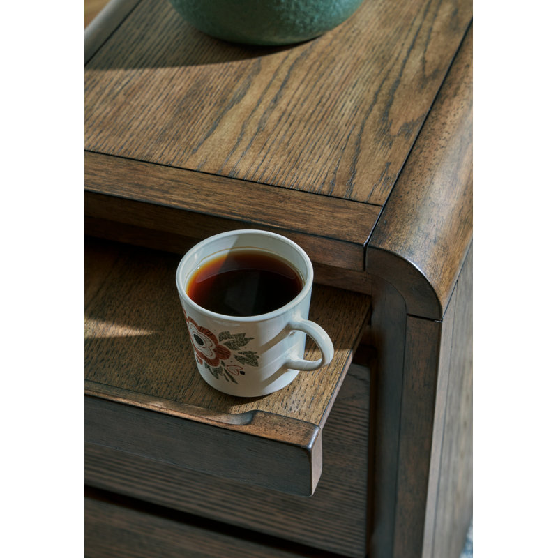 Light Brown Wood Rectangular End Table with Storage and USB Ports