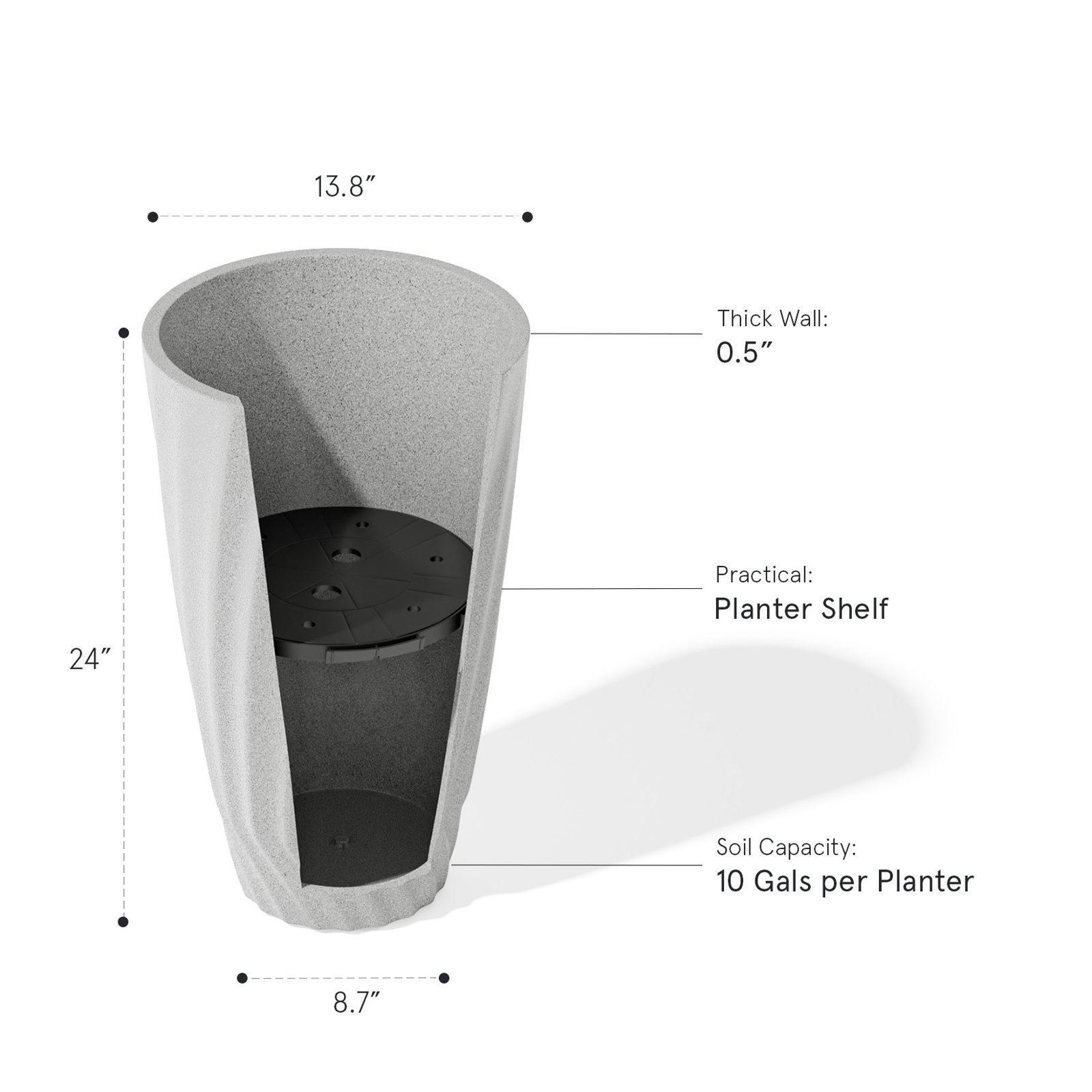 Boynton 24 Inch Tall Planters, Tree Planters with Shelf Insert, Morden Large Round Plant Pots Containers for Indoor/Outdoor Use