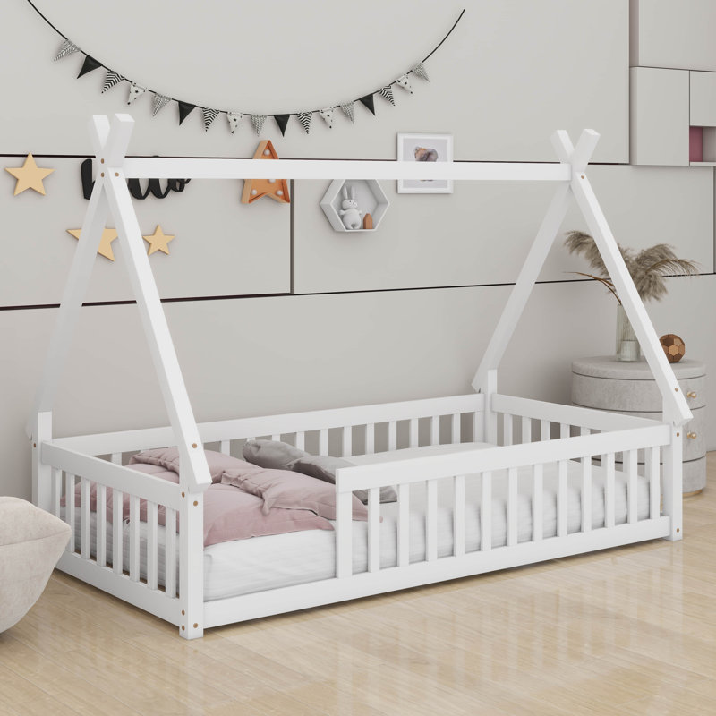 Lit simple en bois en forme de tente avec garde-corps, Blanc