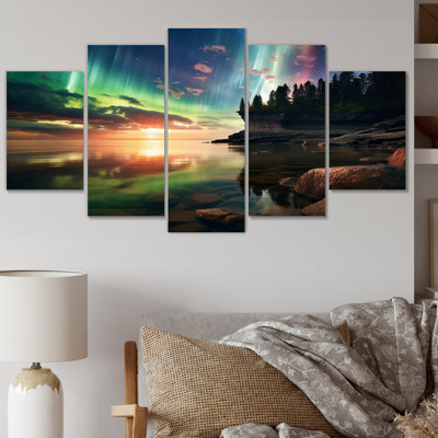 Magical Lake Landscape Aurora Borealis III - Northern Lights, reproduction sur toile - 5 panneaux
