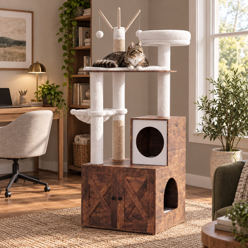 Arbre à chat avec bac à litière intégré, tour à chat de 145 cm de haut avec armoire de rangement, niche pour chat, hamac, griffoir en sisal, perchoirs moelleux et 3 jouets suspendus, marron vintage et blanc