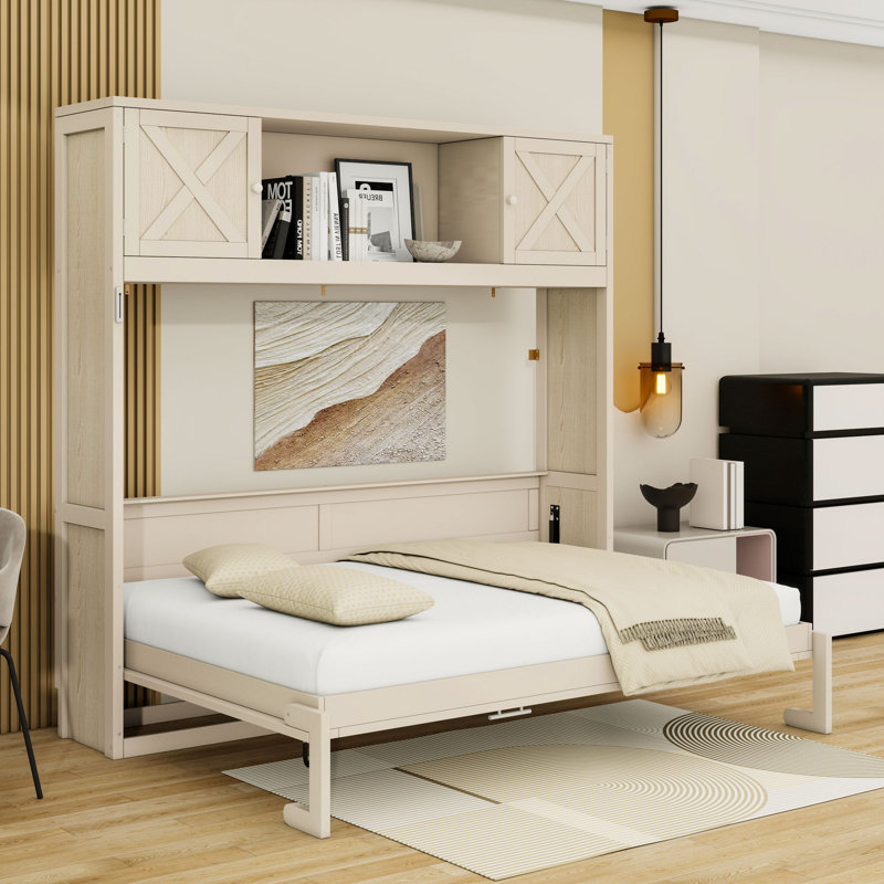 Lit escamotable double en bois avec armoires supérieures, conception pliable, Full, Beige