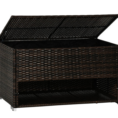 Pool Deck Box: Hand-Woven . Liner Protects Contents, Brown Outdoor Towel Keep Towels Dry. , Brown, Extra Shelf