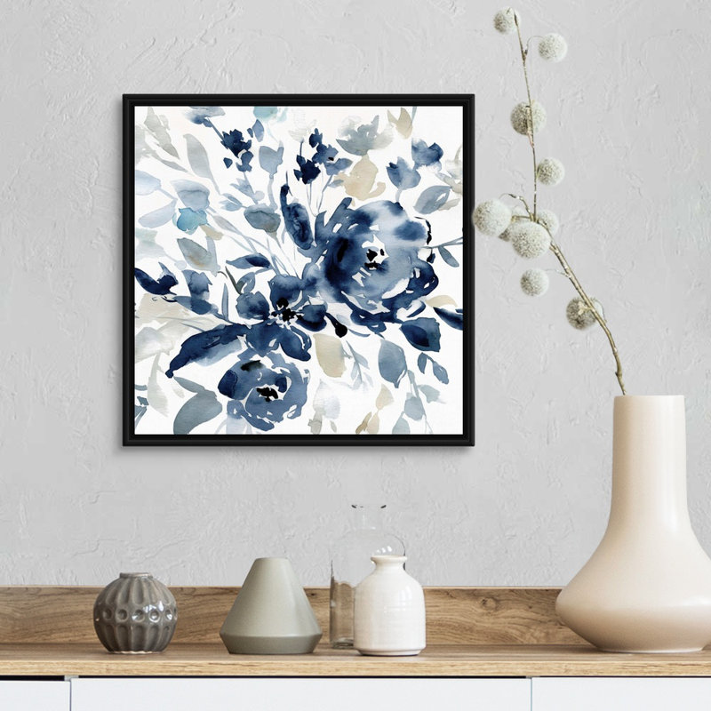 Indigo Garden I - reproduction d'art sur toile, Cadre flottant noir, H 17,7 po x l 17,7 po x P 1,75 po