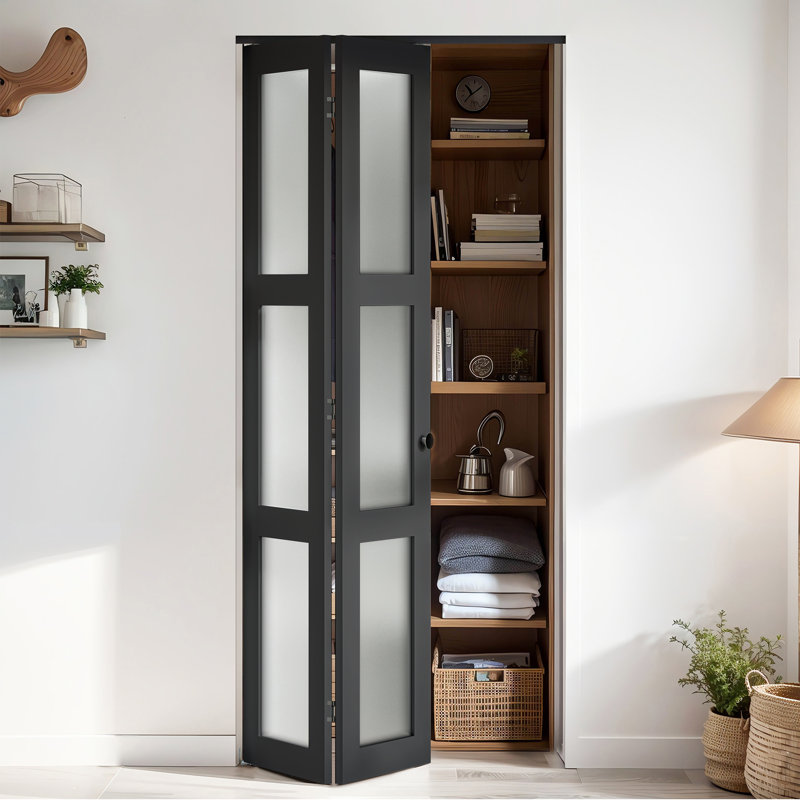 3-Lite Frosted Glass and Black Manufactured Wood Bi-Fold Doors with Hardware Kit, 28" x 80"