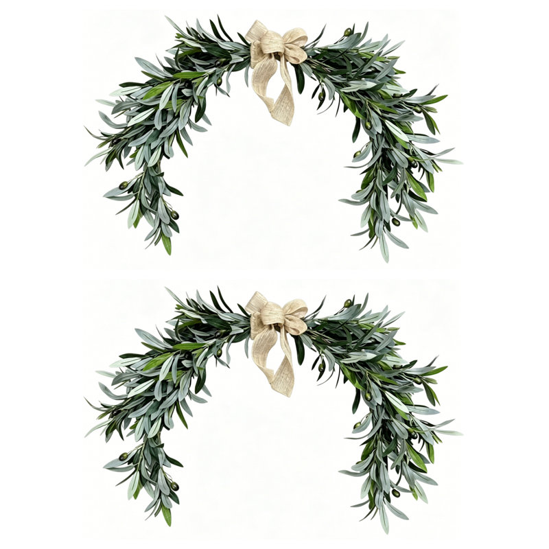 Ensemble de 2 couronne de verdure artificielle de style maison de campagne, guirlande décorative avec feuilles d'olive et haricot olive pour porte d'entrée décoration murale branche d'olivier rustique