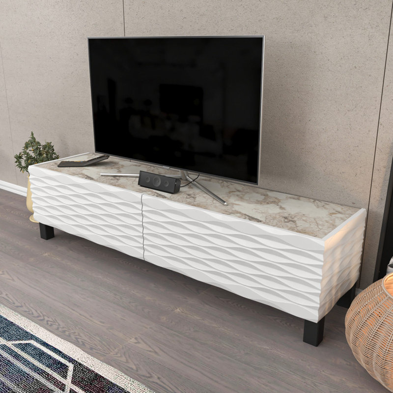Modern TV Stand with Marble Design, White Finish, 58.7 x 13.8 x 15.0 inches | 100% Melamine Coated Particle Board, Thickness: 0.7 inches | Stylish Storage Solution for Living Room & Entertainment Spaces