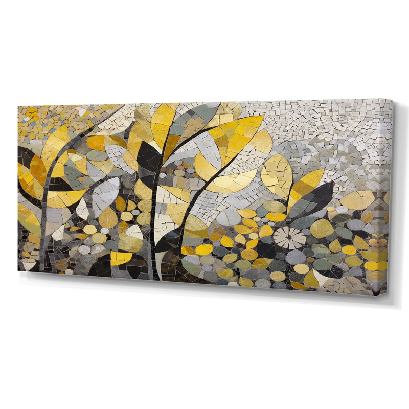 Begie, motifs jaunes et gris en fusion artistique - art mural mosaïque bohème, Toile tendue, Sans cadre, H 28 po x l 60 po