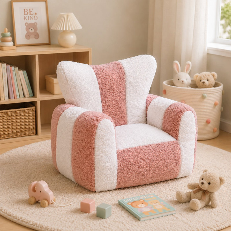 Double-Color Striped Large Size Teddy Fabric Bean Bag Chairs, Kid Size, White/Pink