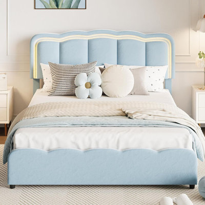 Bed Frame with 2 Drawers & LED Lights – Upholstered Platform, Adjustable Headboard, No Box Spring