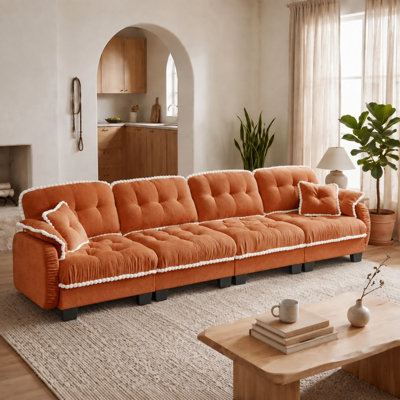 Canapé moderne Cloud 4 places avec 4 coussins, garniture à pompons, coussins capitonnés, design ergonomique, montage facile, canapé profond pour salon, bureau, appartement
