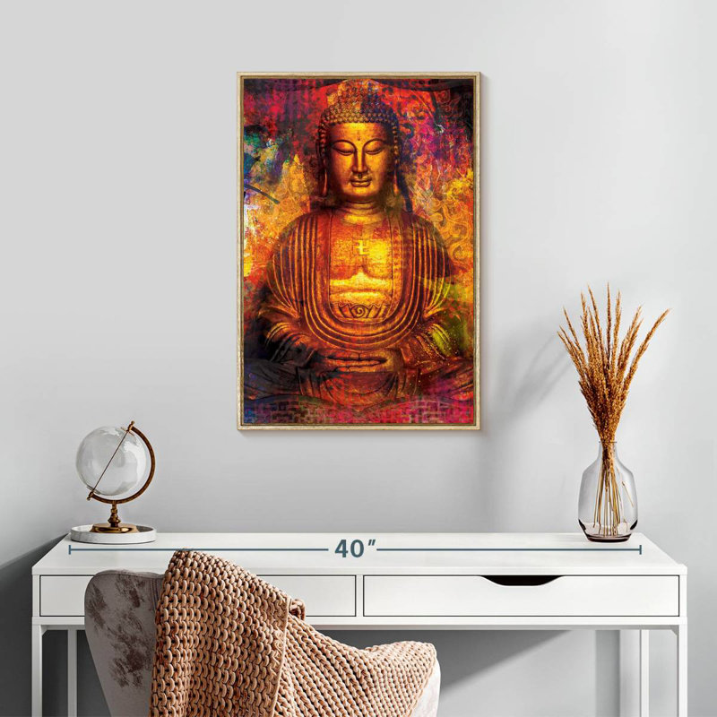 Colourful Golden Buddha, Floating Frame Natural Wood, 17" x 25"