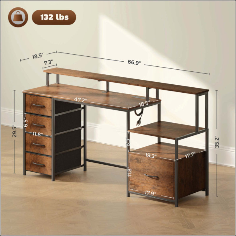 Computer Desk With Power Outlets, LED Lights, File Cabinet, And Fabric Drawers For Home Office | Gift Idea