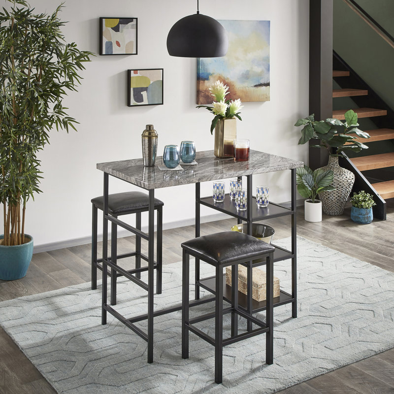 Merrionette 2 - Person Faux Marble Top Dining Set, Black
