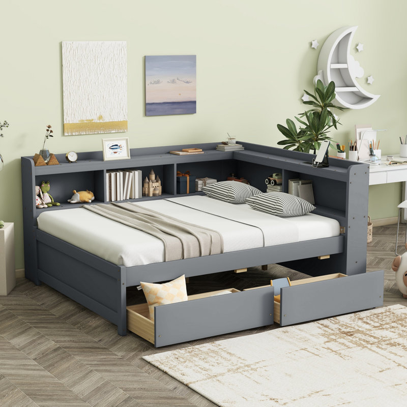 2 Drawer Solid Wood Bookcase Bed with Power Outlets and USB Charging Ports, Full, Gray