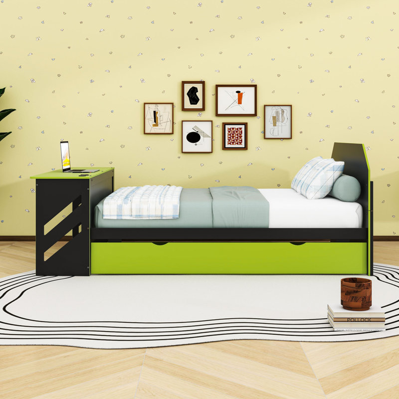 Full Wood Daybed with Twin Trundle, Desk and USB Port, Green