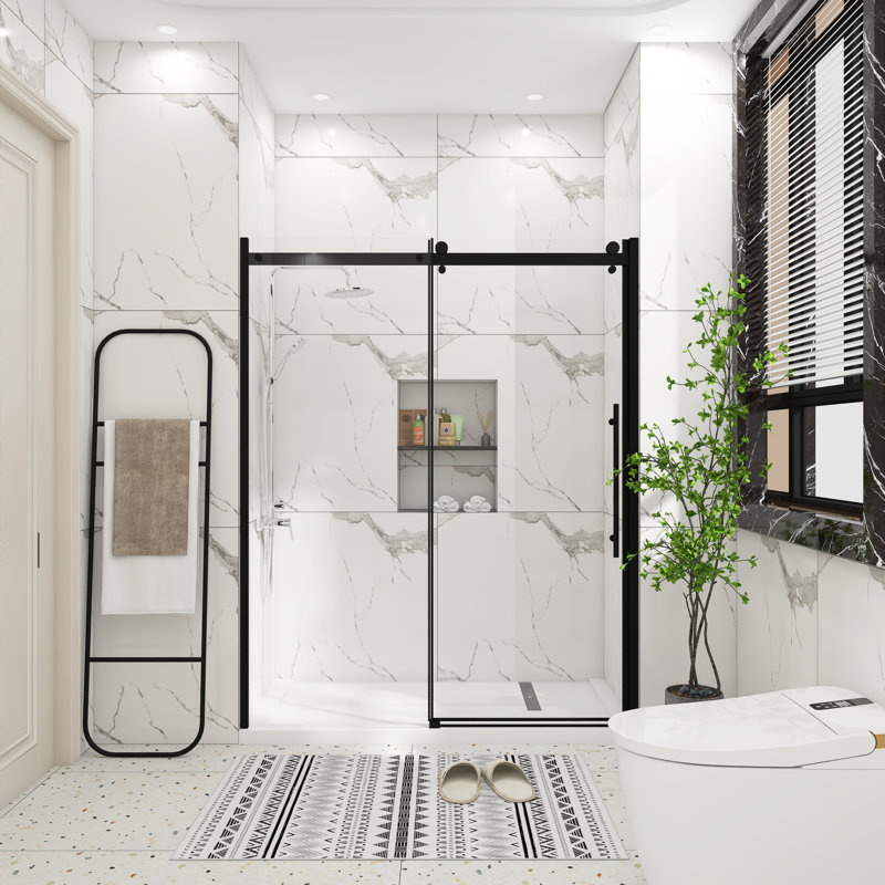60 po L 72 po H porte de douche coulissante simple sans cadre en noir mat
