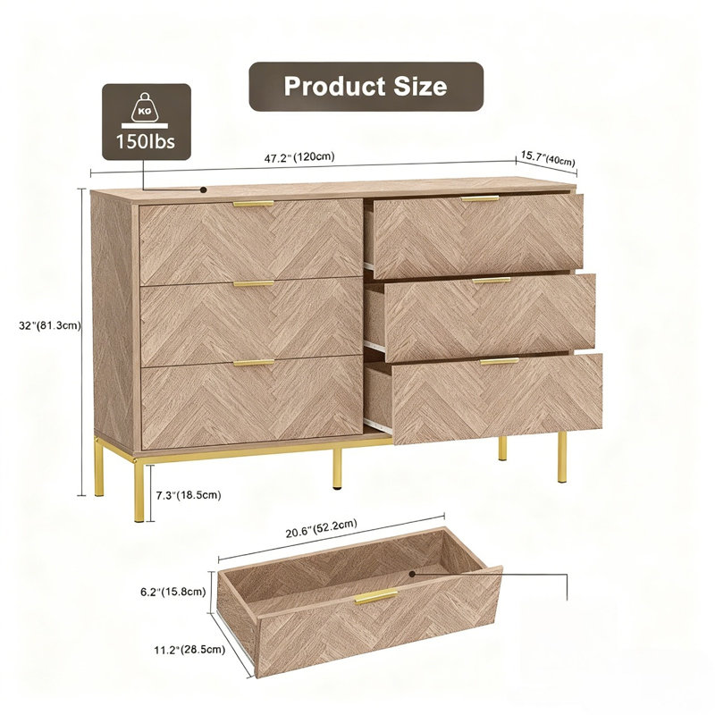 120 cm W Chest of 6 Drawers
