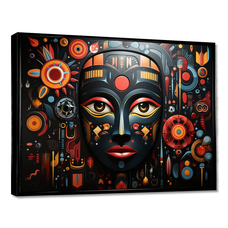Indigène coloré masque noir - impression d'art mural africain, Toile avec cadre flottant noir, H 34 po x l 44 po x P 1,5 po