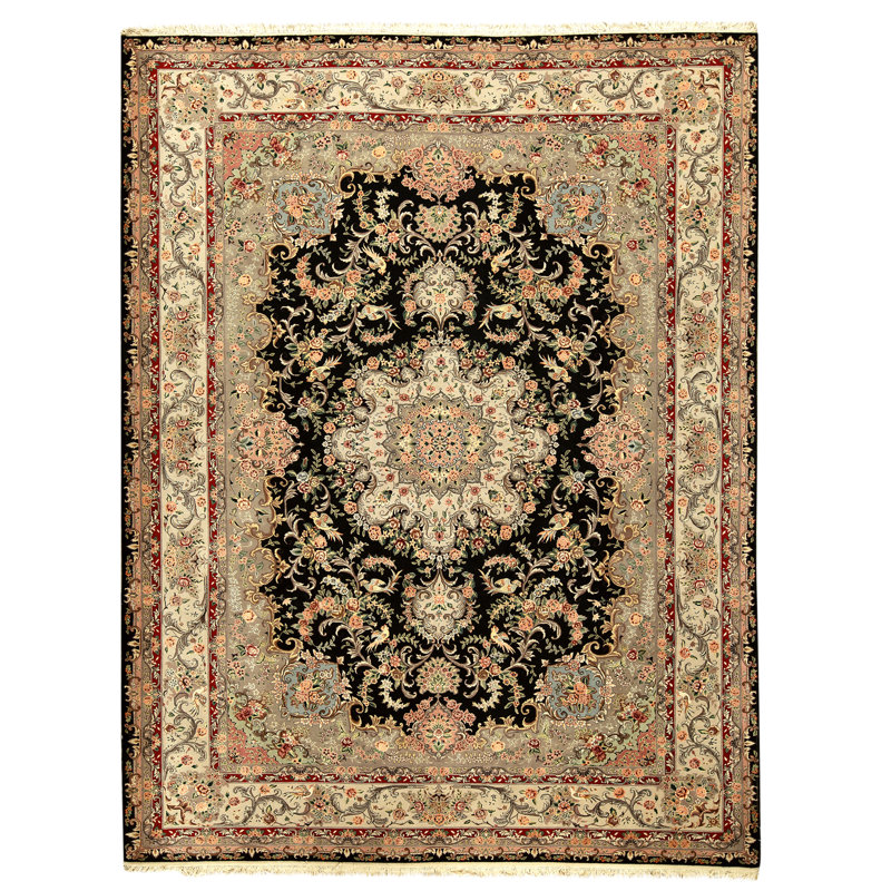 Tapis noir et beige noué à la main de haute qualité