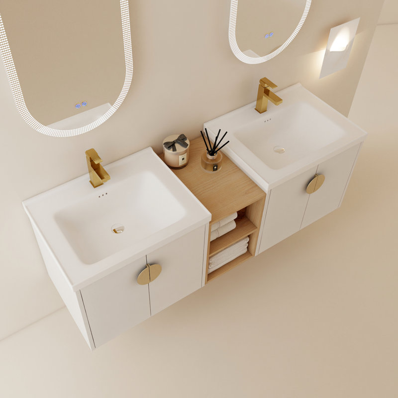 Meuble-lavabo moderne de 60 po Fixation murale, blanc brillant. Lavabo et tablettes de rangement. Bassin en céramique, contreplaqué robuste. 2 armoires et lavabos. Assemblage requis monté couleur blanche. Petit inclus.