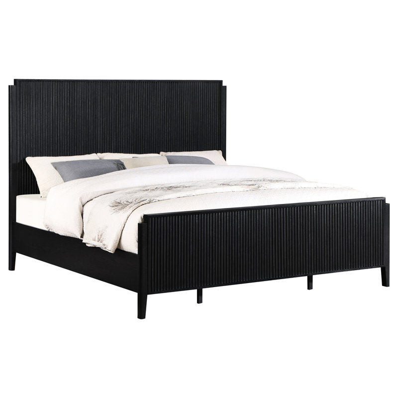 Très grand lit Mason noir, lit en bois moderne avec tête de lit carrée, texturé cannelé et structure stable en noir, design, cadre, style, support rond