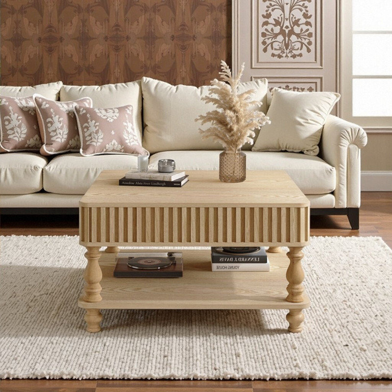 Table basse à plateau relevable 31,5 pouces avec pieds en bois massif, Bois naturel