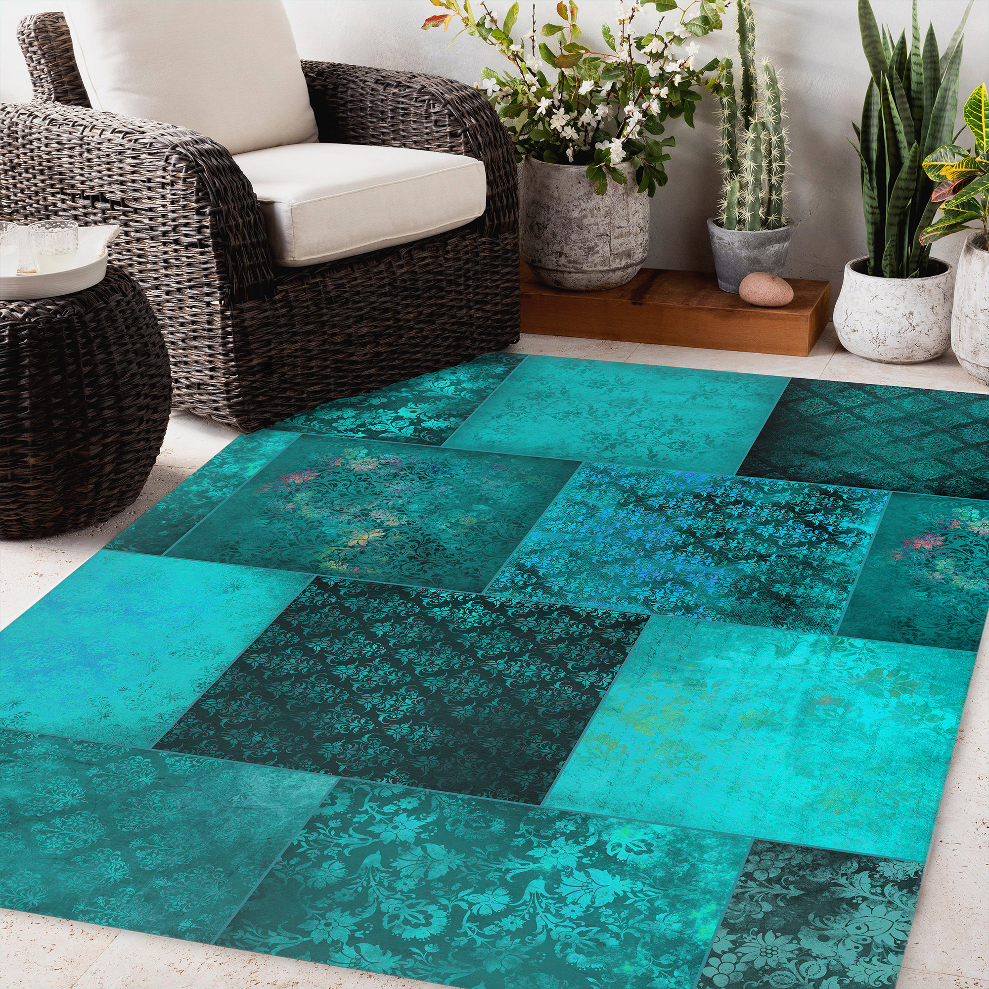 Bungalow Rose Ednamae Geometric Teal/Blue Indoor / Outdoor Area Rug ...