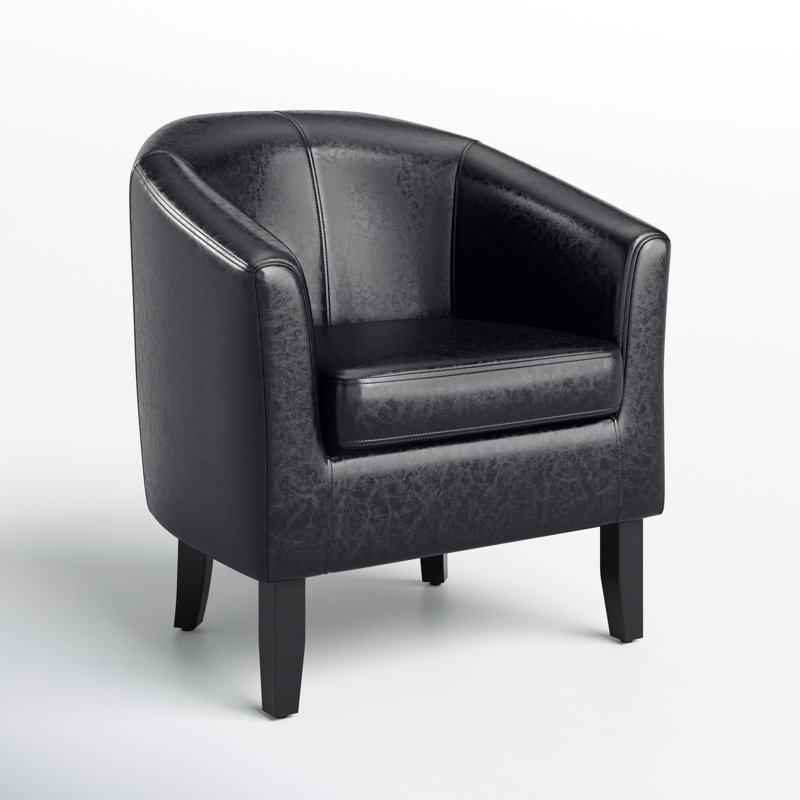 Munson 26.77" Wide Faux Leather Barrel Chair, Black Faux Leather
