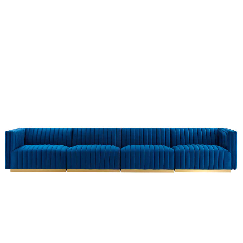 Conjure Channel Tufted Sofa by Modway, Gold, Navy Velvet, 28" H x 155" W x 36.5" D