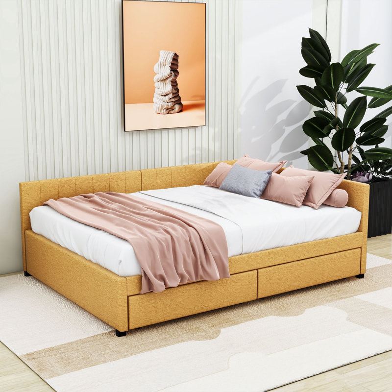 Full Upholstered Sofa Daybed with Drawers, Yellow