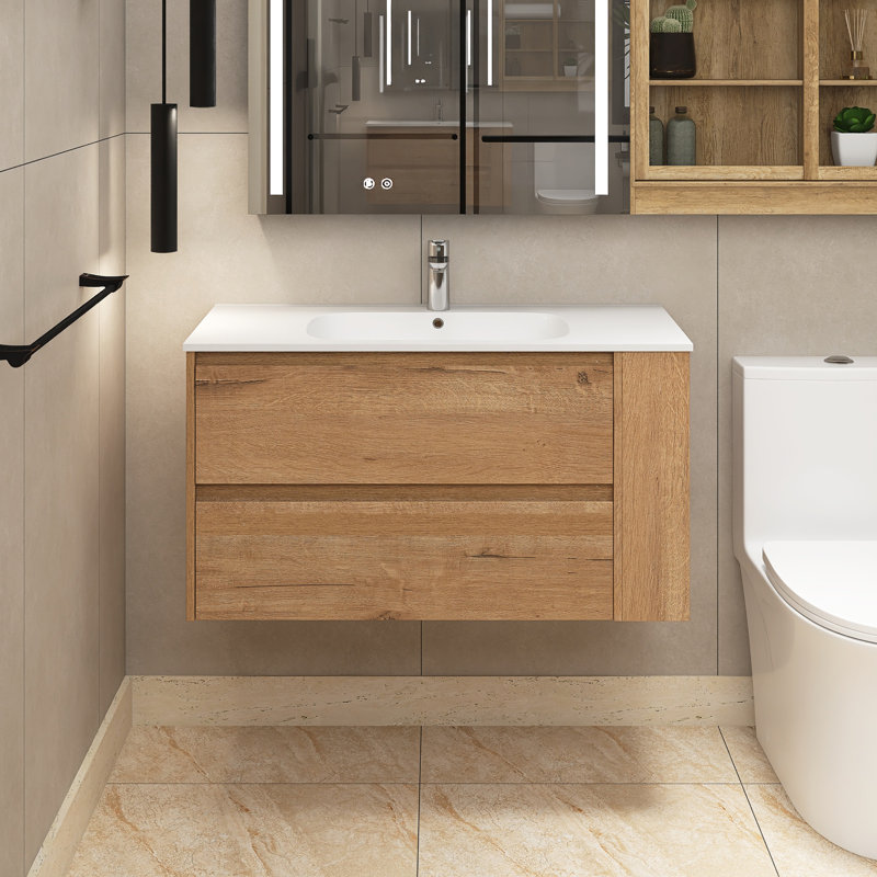 Etolin 35.9 " W Wall Mounted Wall Mounted Single Double Single Vanity Bathroom Vanity With Ceramic Top, Light Brown