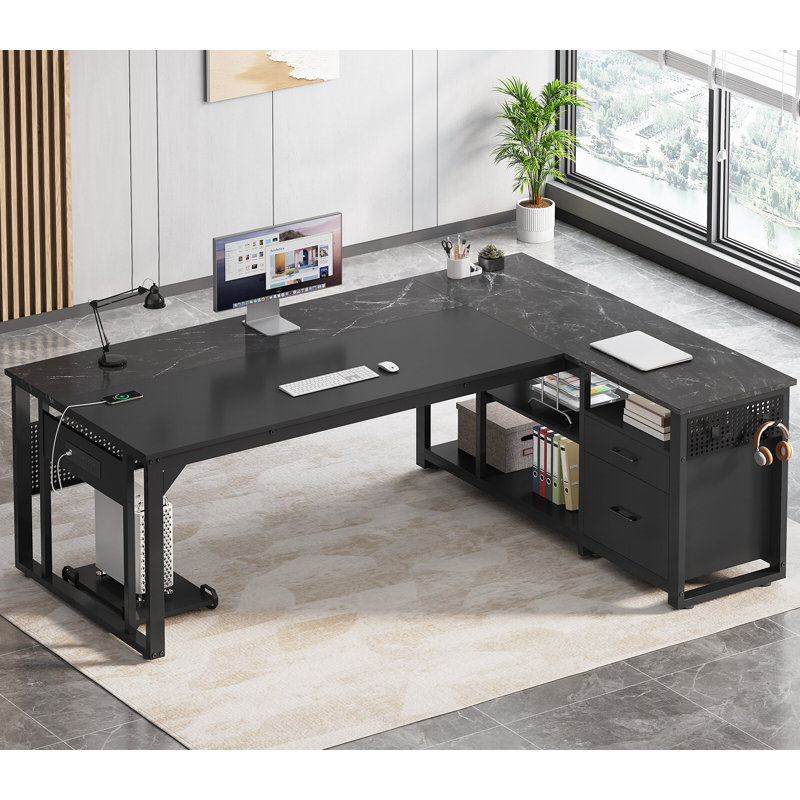 Bureau de direction 71 "avec prises de courant, bureau en L moderne avec tiroirs classeurs et panneau perforé, Noir marbré