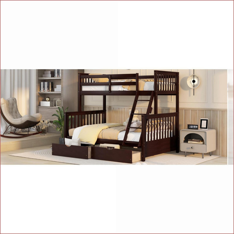 Twin-Over-Full Bunk Bed with 2 Storage Drawers, Pinewood Frame, No Box Spring Needed, Espresso Finish, Espresso