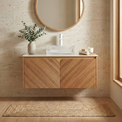36" Modern Floating Bathroom Vanity With Twill Textured Wood Veneer Doors, Carrara White Sintered Stone Top & Glass Vessel Sink
