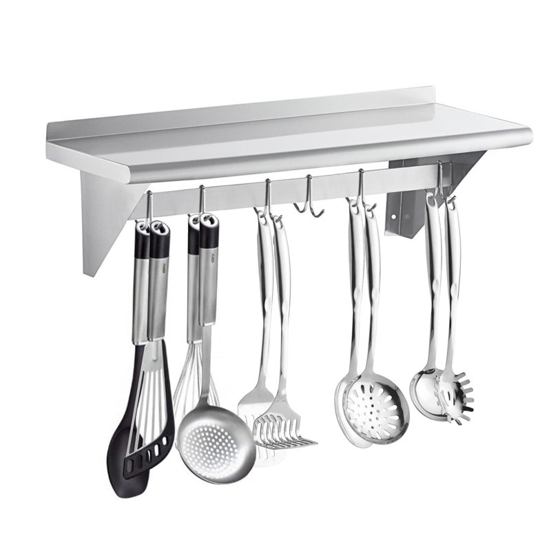 Support à casseroles mural en acier inoxydable avec tablette. Certifié NSF, H 11 po x l 36 po x P 12 po