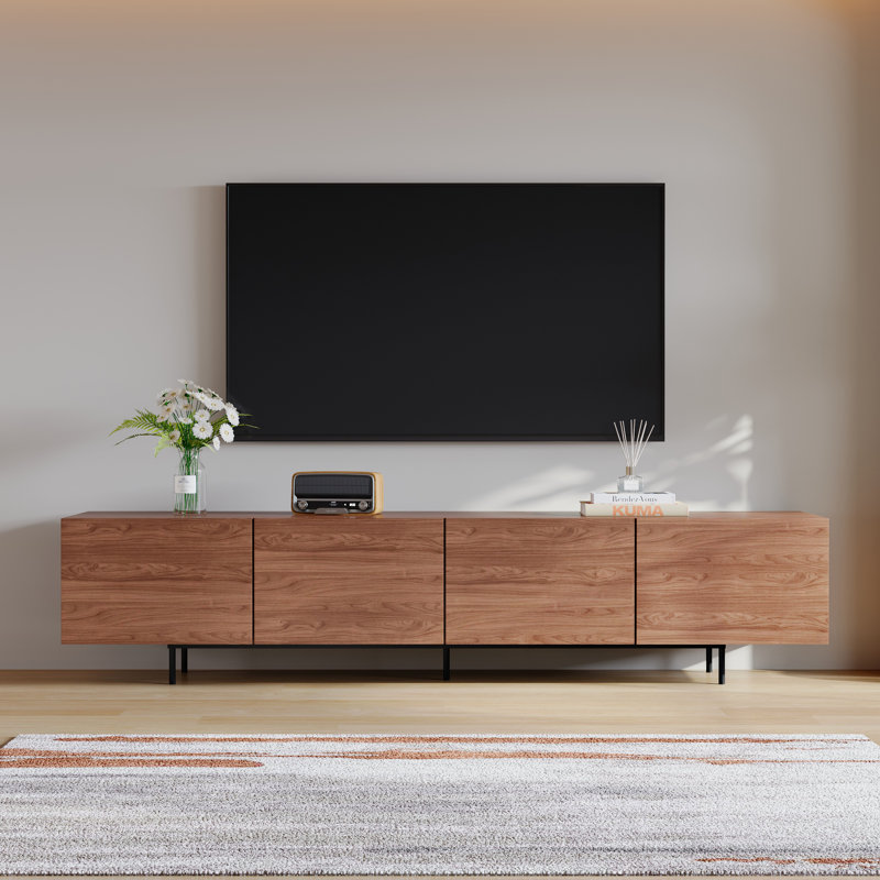 Meuble télé 94,5 po Modern avec armoires de rangement et finition noyer, H 22 po x L 94,5 po x l 15 po