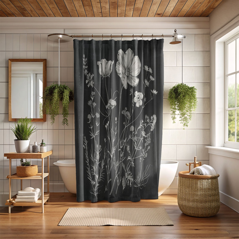 Art floral monochrome - Rideau de douche standard 1 pièce, H 74 po x l 71 po