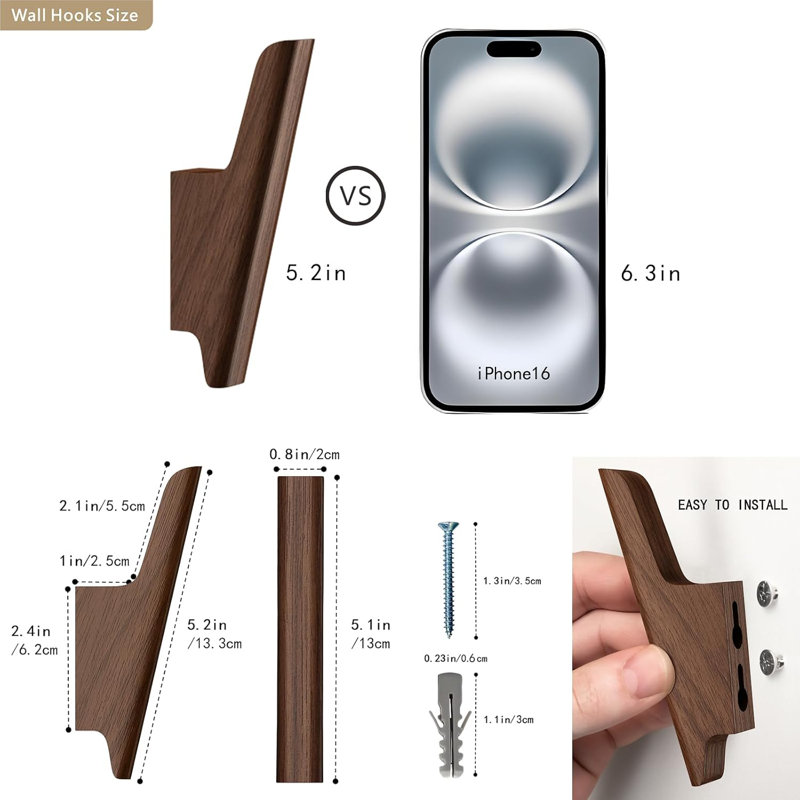 Crochets muraux en bois, paquet de 4 crochets muraux en noyer, crochets en bois rustiques pour mur (noyer, foncé)